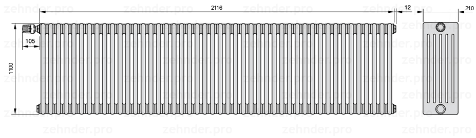Схема (чертеж) Радиатор Zehnder Charleston 6110/46 №V012 Белый глянцевый RAL 9016
